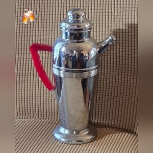 Vtg. Art Deco Keyston Ware Chrome Cocktail Pitcher Lidded w/Bakelite Red Handle